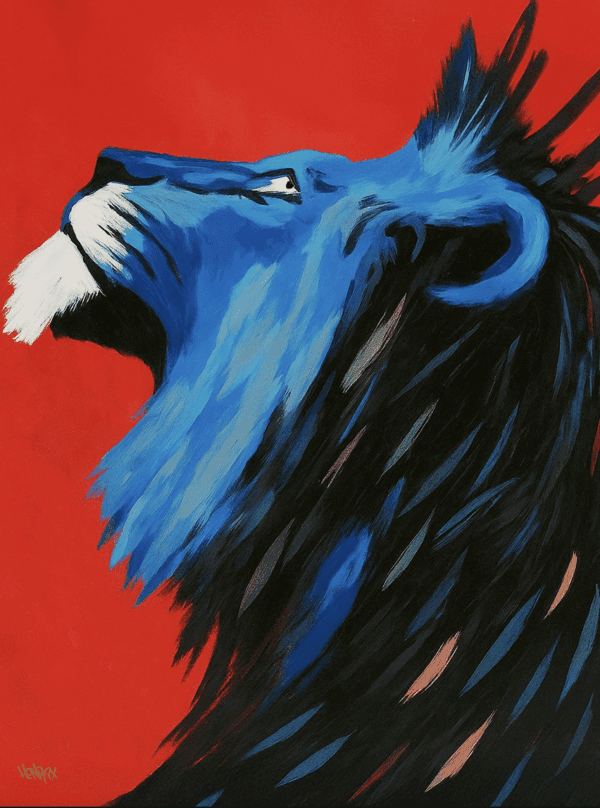Blood and Blue. Detailed view of lion artwork by Henrix